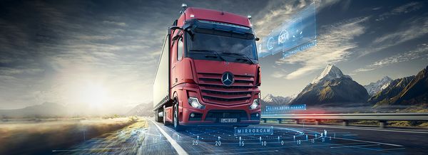 neuer Mercedes-Benz Actros Frontansicht mit bildlicher Darstellung der Assistenzsysteme