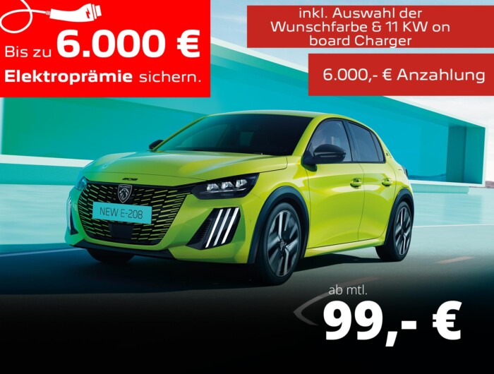 Der PEUGEOT e-208 BUSINESS mit 6.000 Euro Prämie*